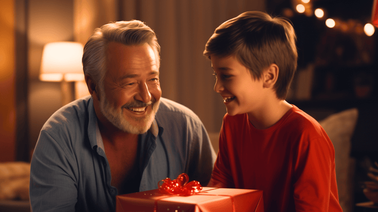 Personalized Gifts for Grandpas Collection. Image features grandfather receiving a meaningful gift from a young grandson.